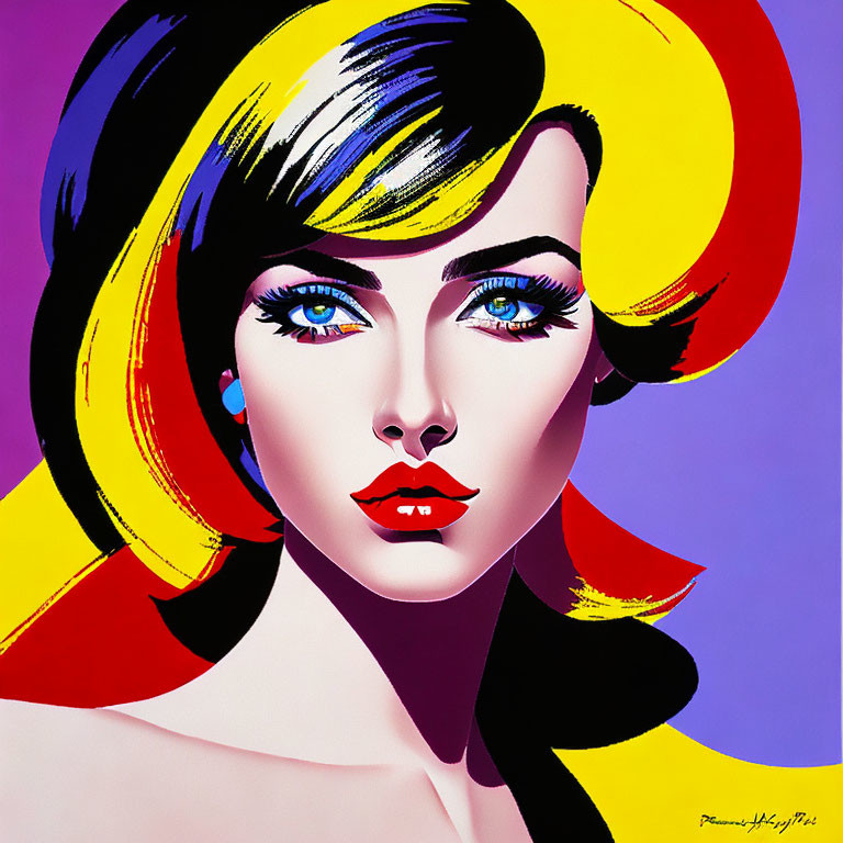 Vibrant pop art portrait of a woman with bold hair and colorful background