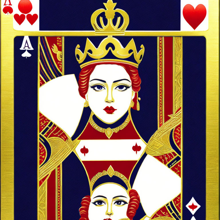 Detailed Queen of Hearts Playing Card with Crowned Woman and Red Ornate Designs