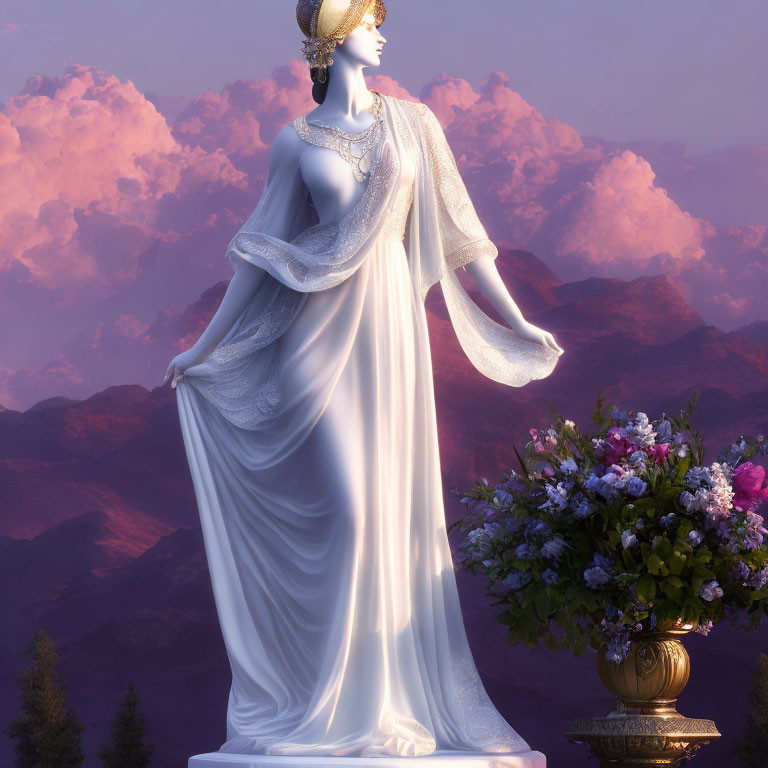 Woman statue in classic drapery against purple sky with mountains and vase of flowers