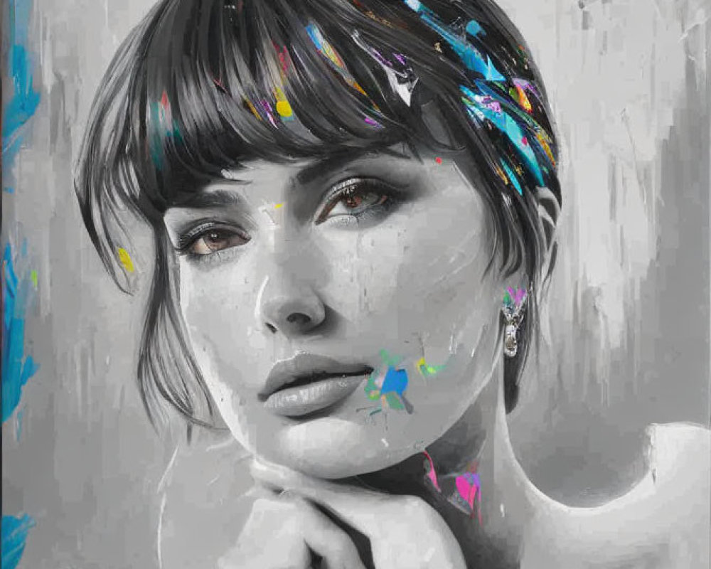 Monochromatic portrait of woman with bob haircut and vibrant paint splashes