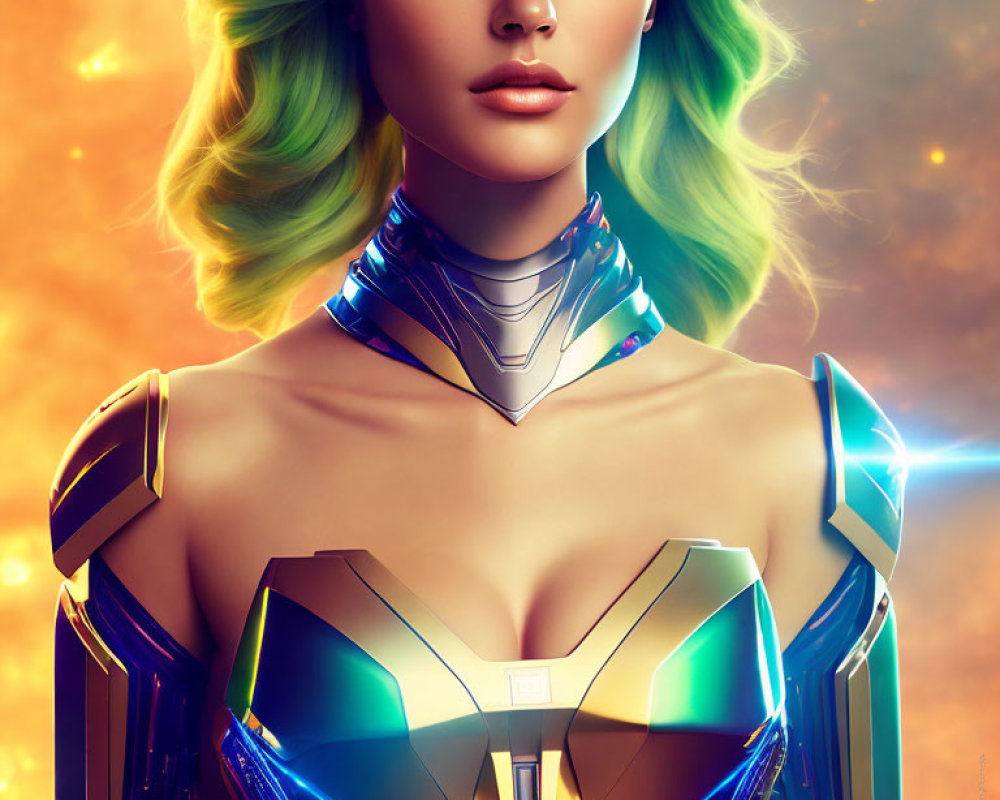 Vibrant green hair woman in futuristic armor on fiery orange backdrop