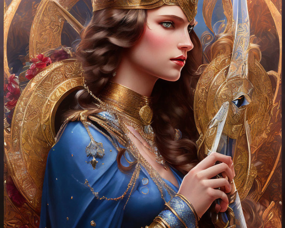 Regal woman in blue and gold armor with silver sword