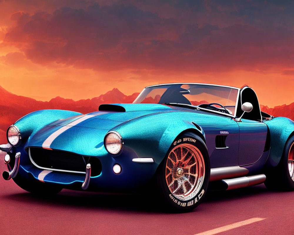 Blue Classic Sports Car with White Racing Stripes Against Red and Orange Sky