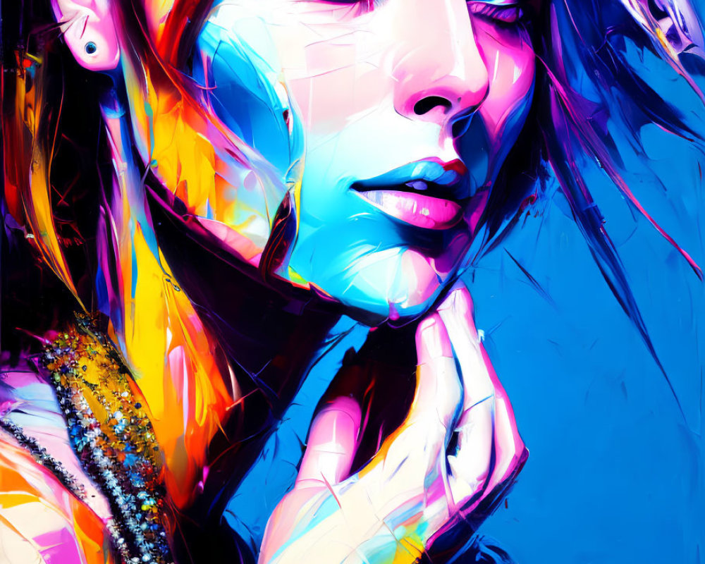 Colorful digital portrait of a woman with striking blue eyes