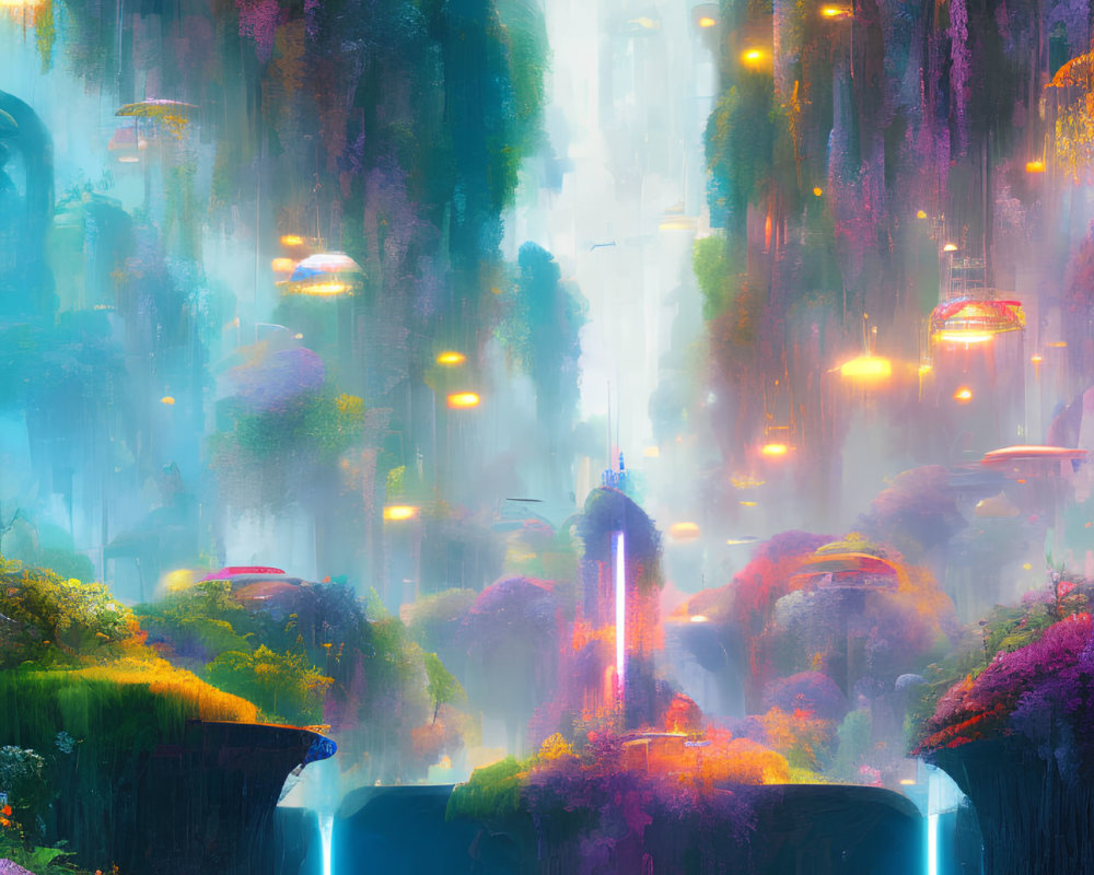 Fantasy landscape with lush vegetation, waterfalls, and glowing lights