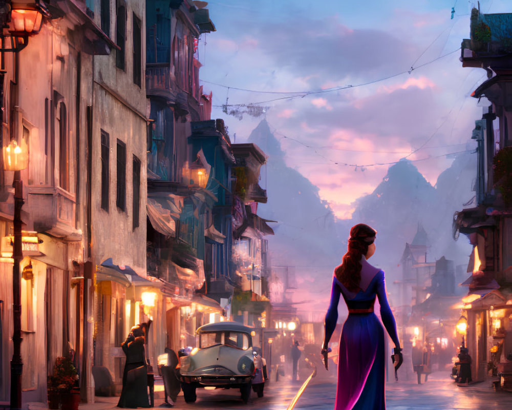 Woman in Purple Dress Strolling on Cobblestone Street at Dusk