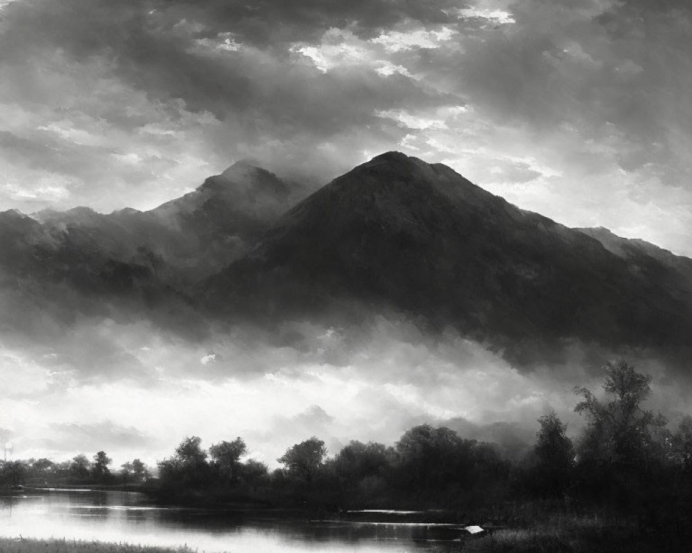 Monochrome landscape of misty mountain, lake, and boat