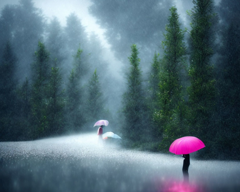 Colorful Umbrellas Walking on Misty Road Surrounded by Green Trees in Rainy Ambiance