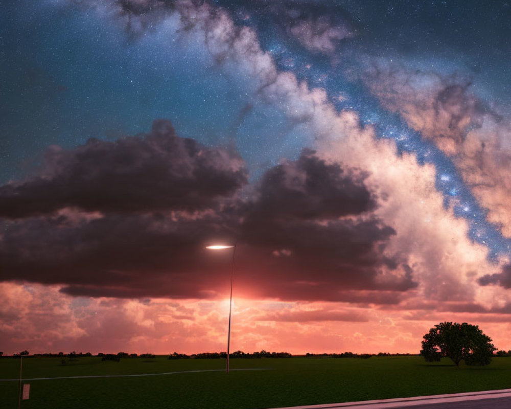 Streetlight illuminates road at twilight with Milky Way galaxy and dark clouds overhead