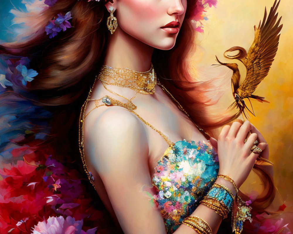 Woman portrait with floral decorations, gold jewelry, bird, vibrant floral background