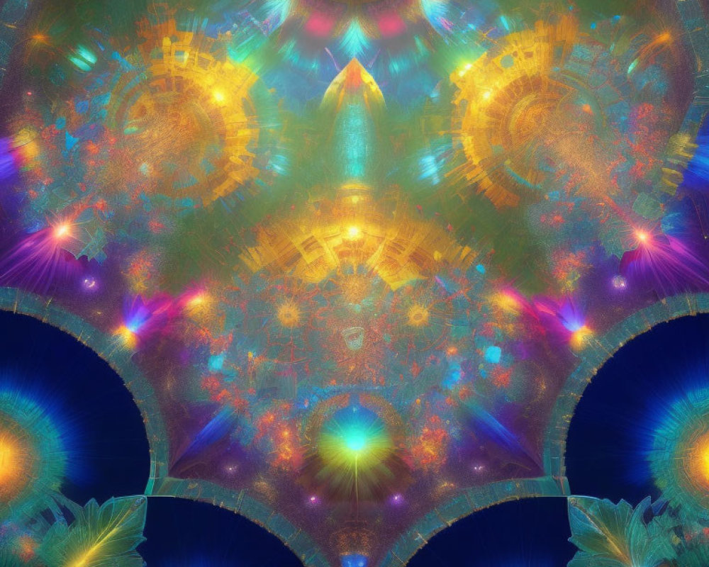 Symmetrical Fractal Art with Blue and Gold Kaleidoscopic Patterns