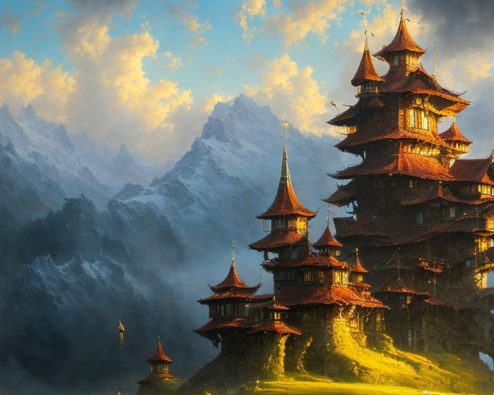 Majestic multi-tiered pagodas in mountain landscape at sunrise or sunset