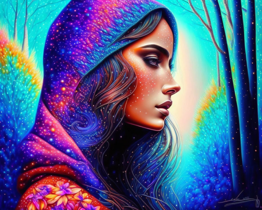 Colorful profile portrait of woman with cosmic hood in blue forest landscape