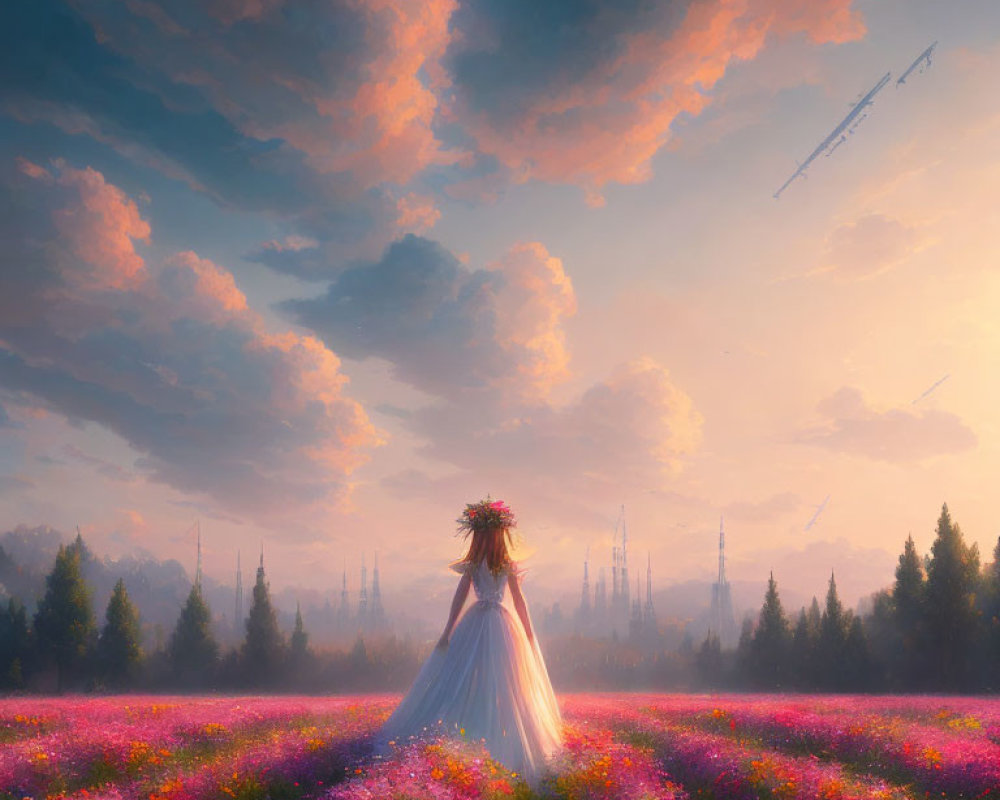 Bride in flower field at sunset with whimsical flower crown and dreamy sky