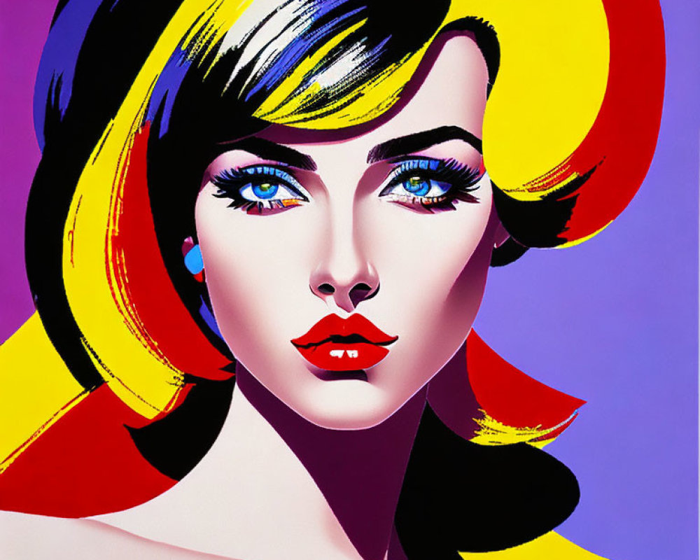 Vibrant pop art portrait of a woman with bold hair and colorful background