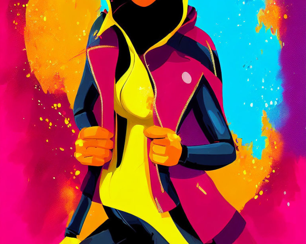 Character illustration in vibrant yellow and black outfit with hood and sunglasses