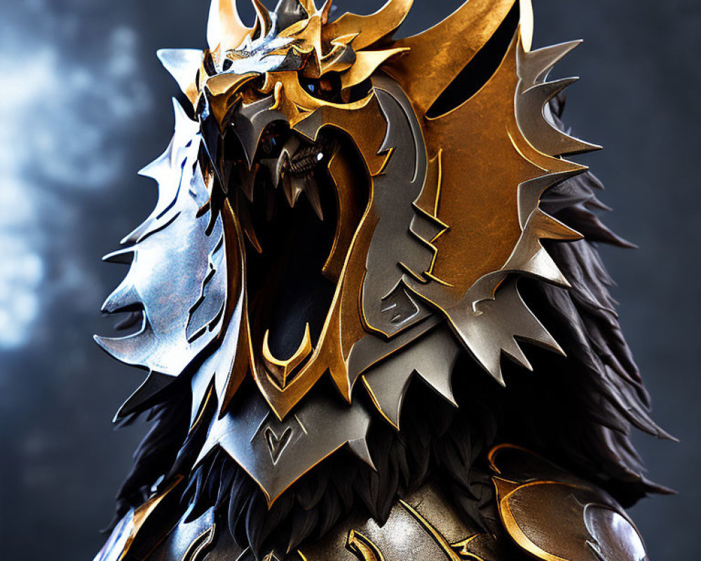 Fantasy armor helmet with dragon design and golden horns on dark background