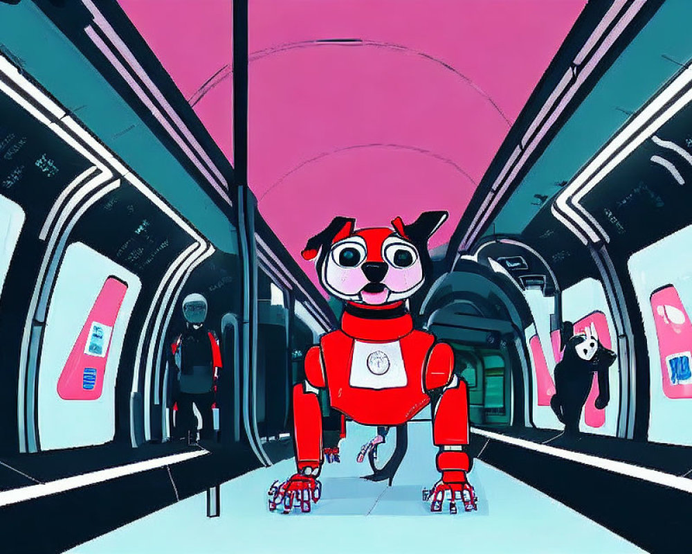 Futuristic metro car with vibrant pink and blue hues and robotic dog among passengers