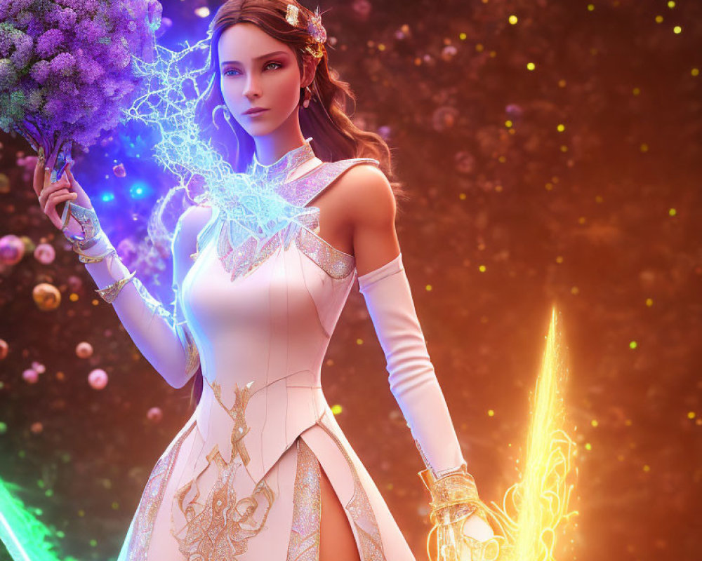 Fantasy illustration: Woman with glowing sword and magical flowers in elegant dress.