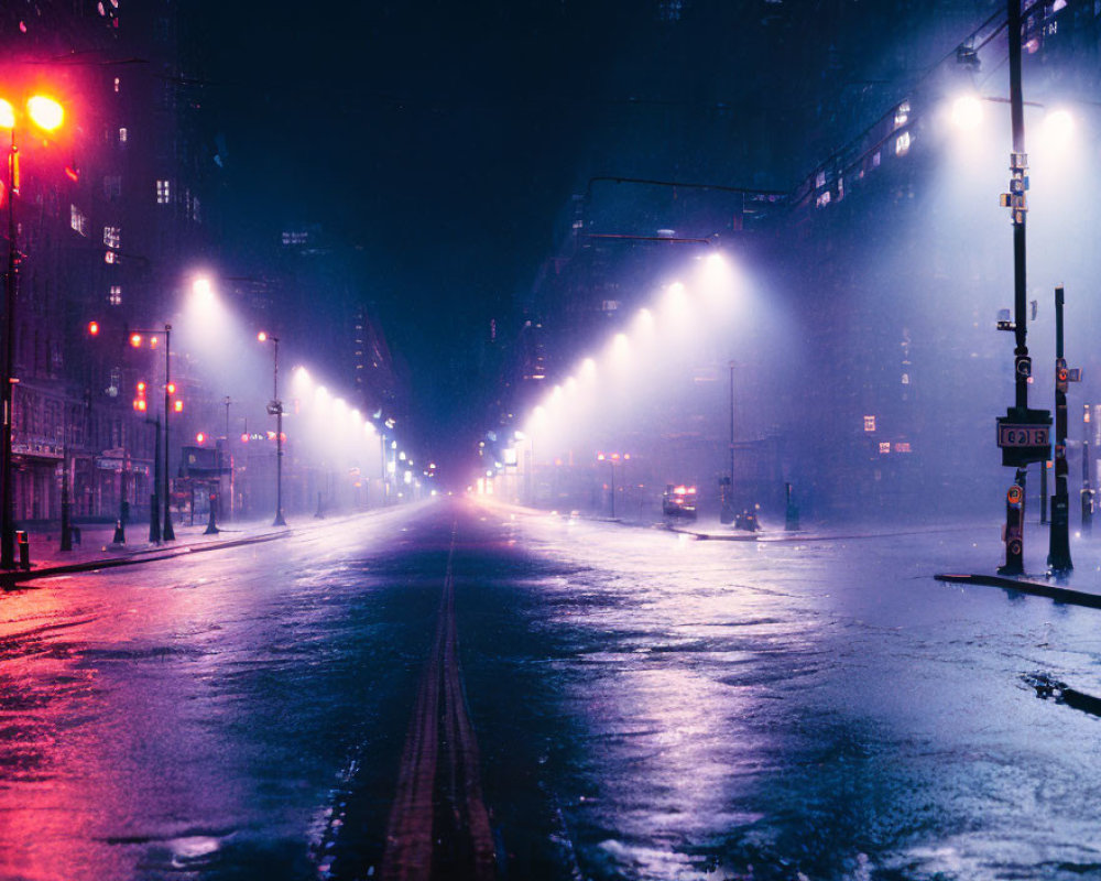 Desolate urban street at night with glowing streetlights and wet surfaces