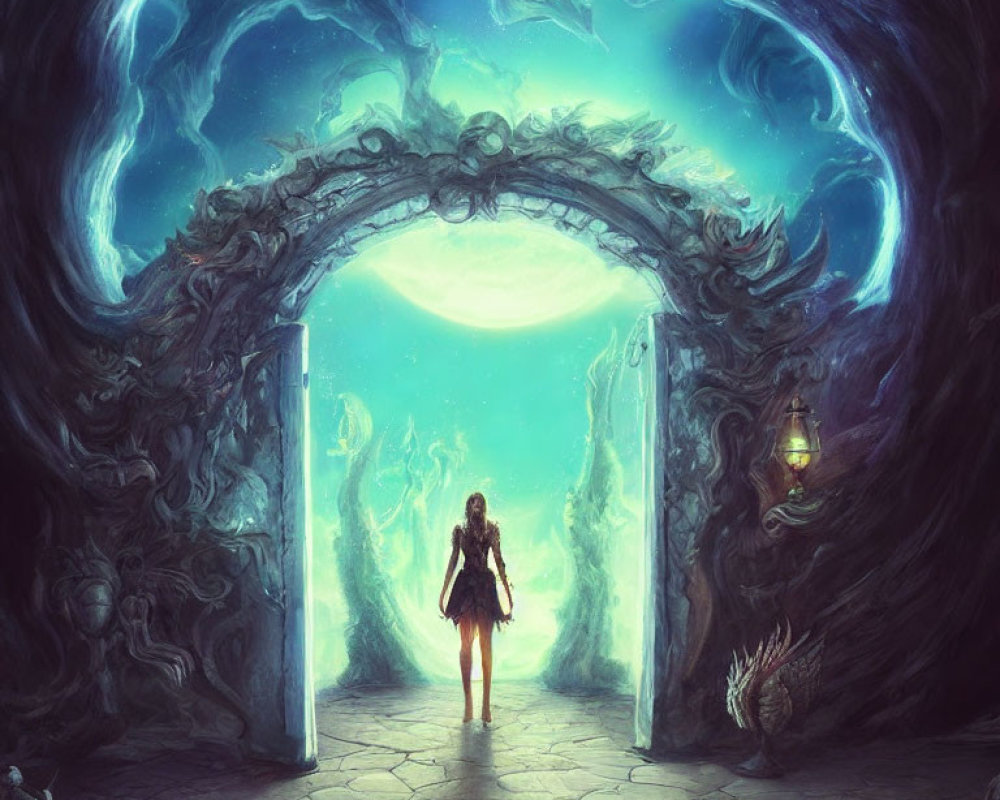 Person standing before ornate, mystical archway to otherworldly realm under celestial sky