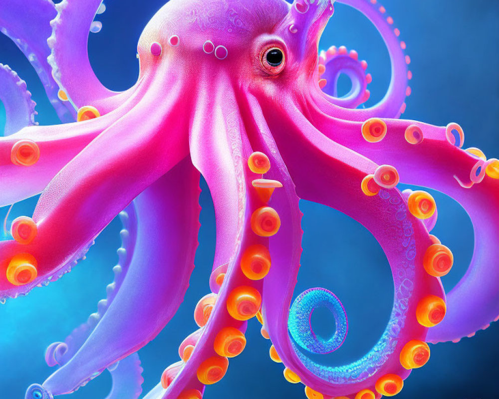 Detailed Pink Octopus Illustration on Blue Background