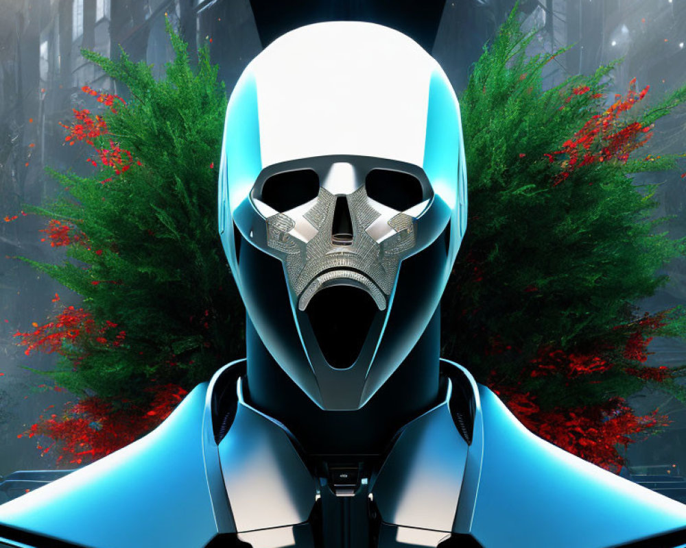 Futuristic blue and white robot in urban setting with red foliage