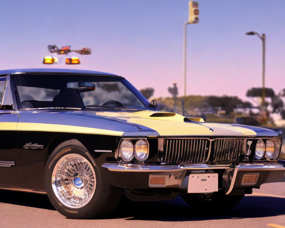 Vintage Black and Yellow Ford Mustang on Road with Traffic Lights