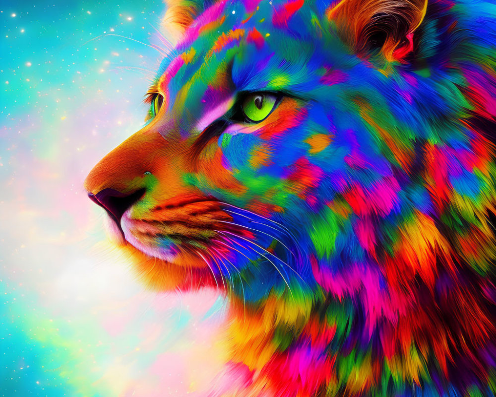 Multicolored neon cat art against cosmic starry background