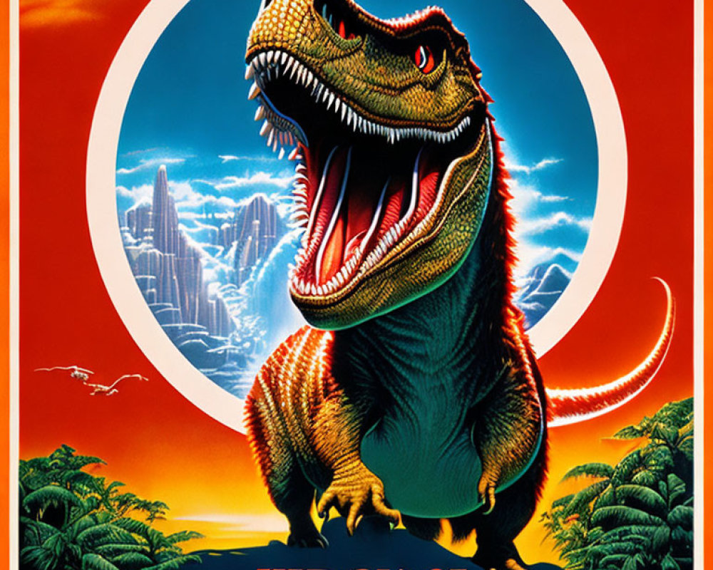 Colorful Tyrannosaurus Rex Poster with "Jurassic" Text, Circular White Border, Mountains