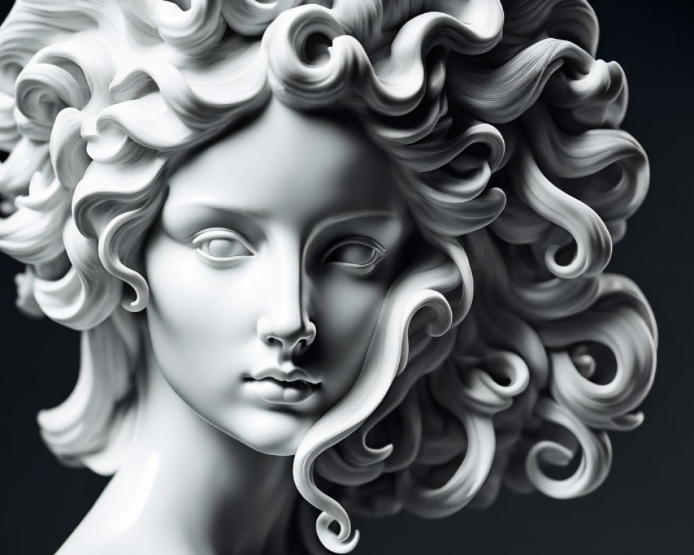 Grayscale classical statue head with intricate curls and serene expression