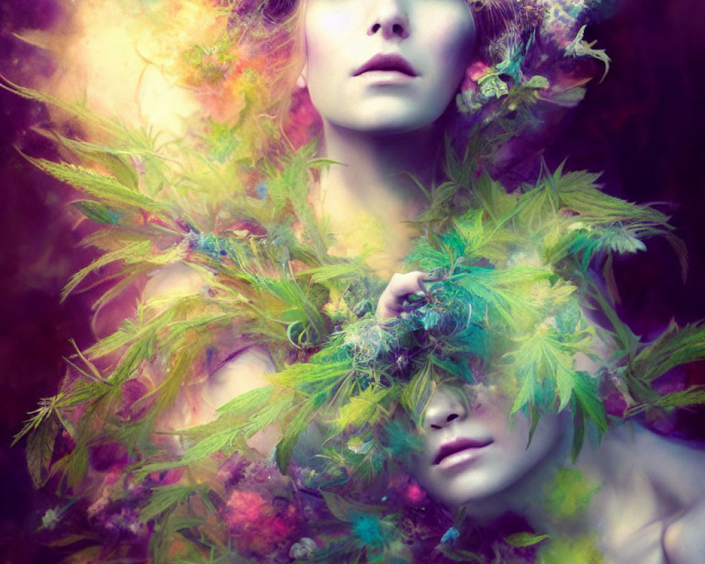 Ethereal portrait of person with pale skin among colorful leaves and flowers