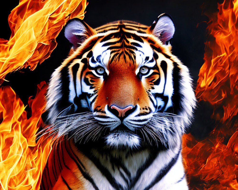 Majestic tiger with intense gaze surrounded by flames on black background