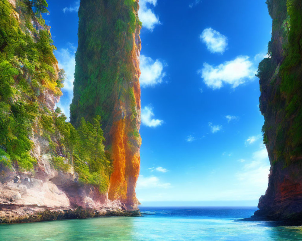 Vibrant sunny seascape with towering cliffs and turquoise waters