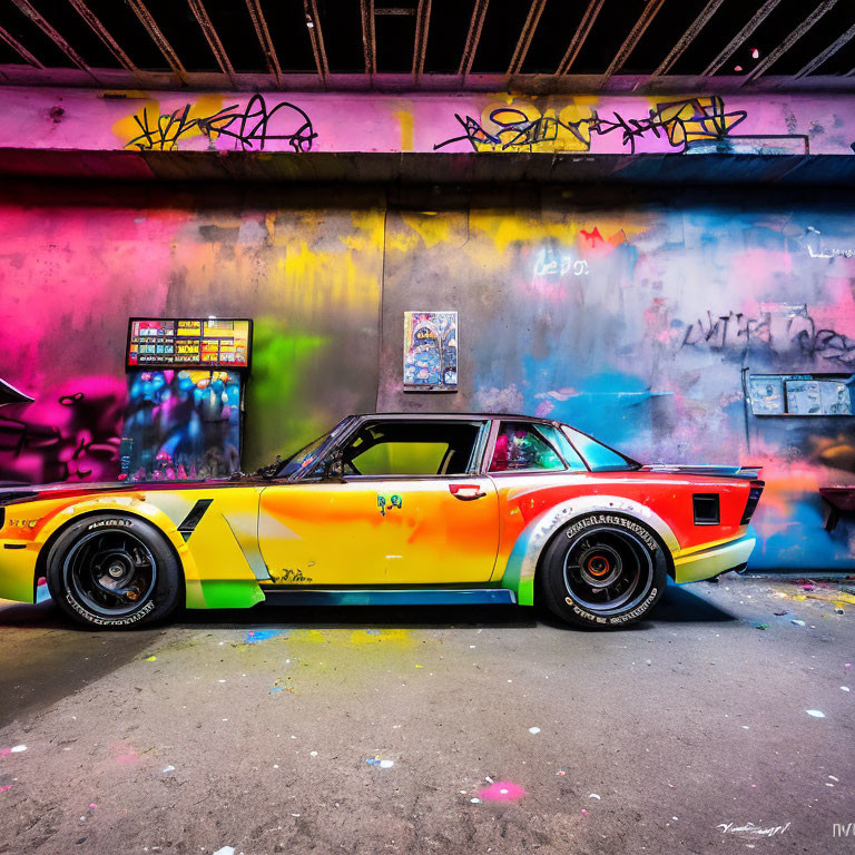 Colorful graffiti art car parked under urban bridge with graffiti walls