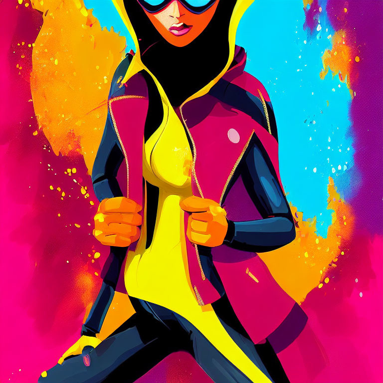 Character illustration in vibrant yellow and black outfit with hood and sunglasses