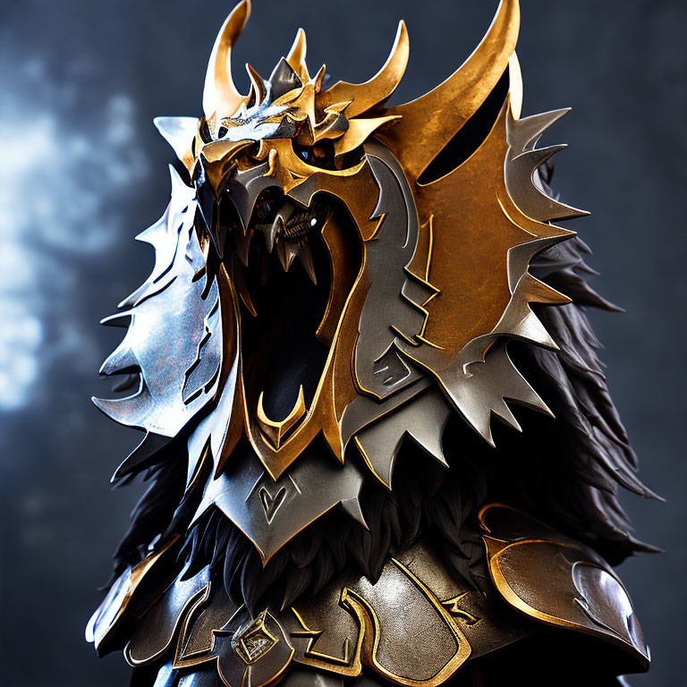 Fantasy armor helmet with dragon design and golden horns on dark background