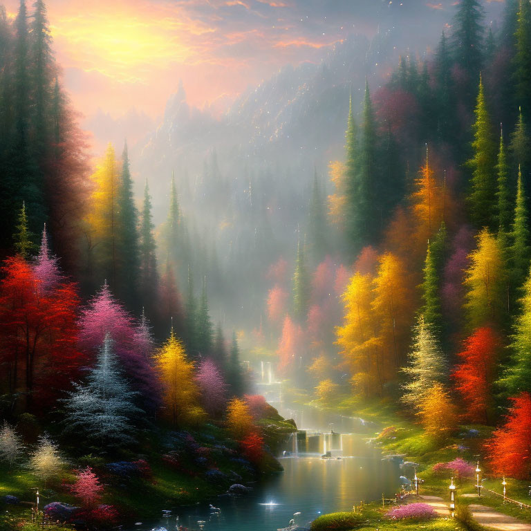 Vibrant Autumn Trees in Enchanted Forest with River, Waterfalls, and Mystical Fog