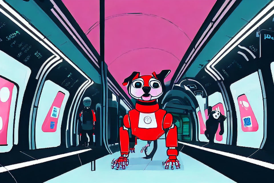 Futuristic metro car with vibrant pink and blue hues and robotic dog among passengers