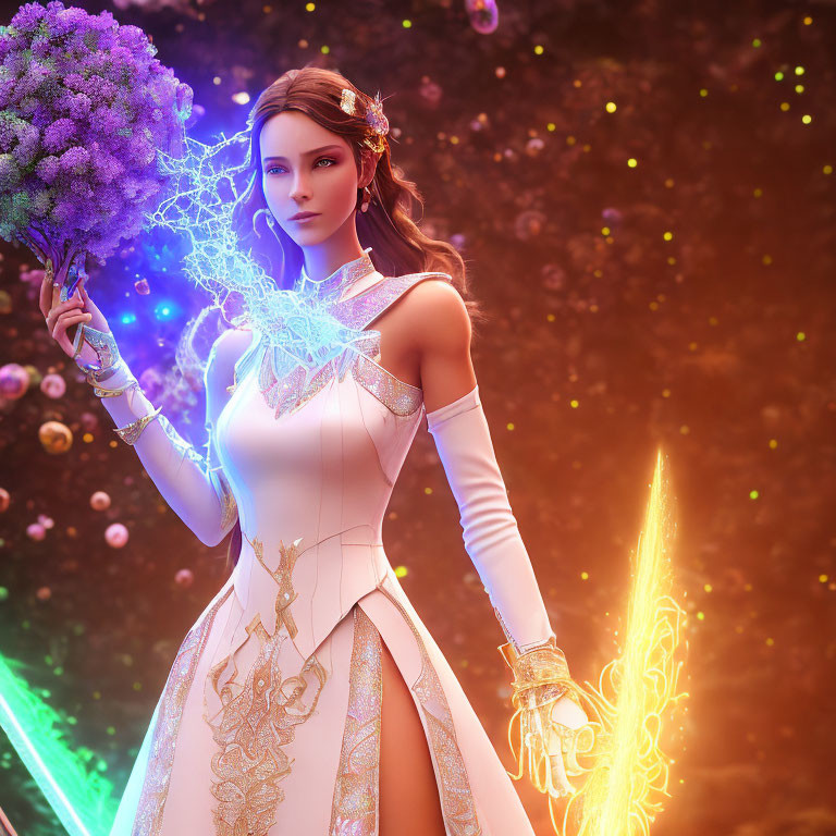 Fantasy illustration: Woman with glowing sword and magical flowers in elegant dress.