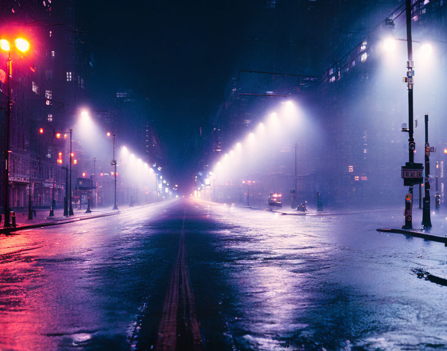 Desolate urban street at night with glowing streetlights and wet surfaces