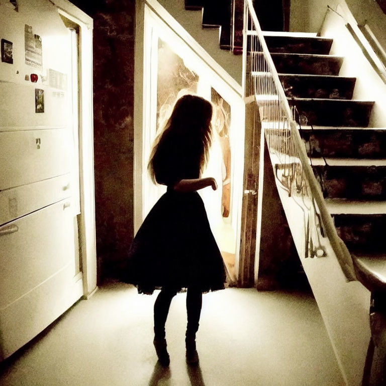 Silhouetted woman at bottom of dimly lit staircase.