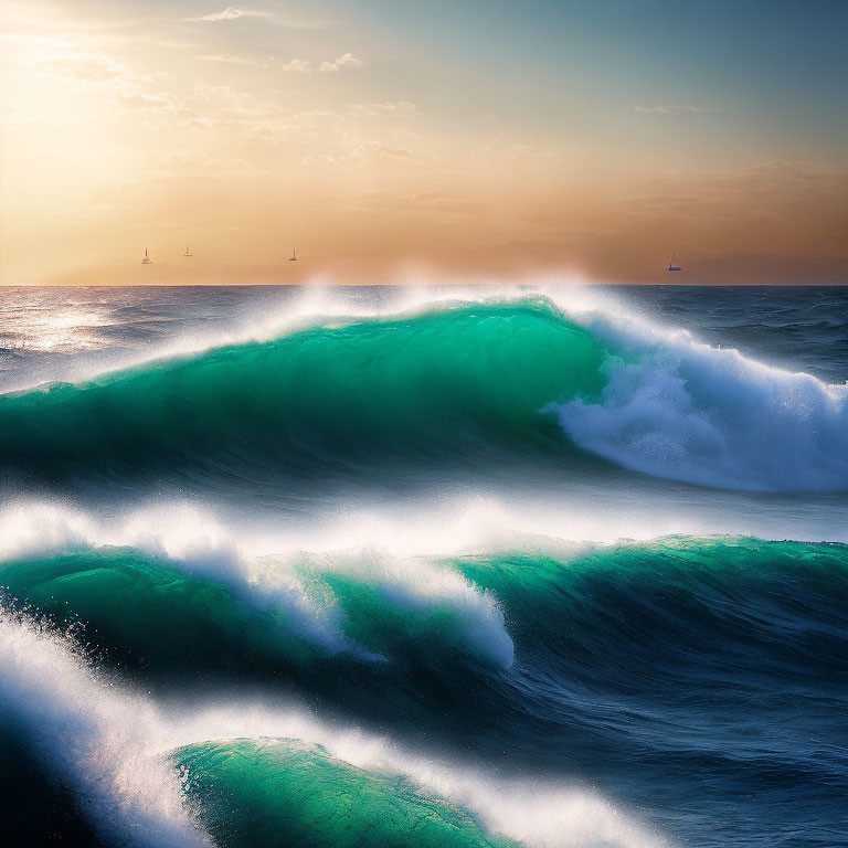 Sunlit waves cresting in ocean at sunset with distant boats