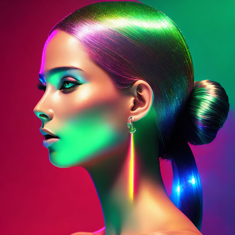 Profile of woman with sleek bun hairstyle in rainbow-colored light on red-pink background