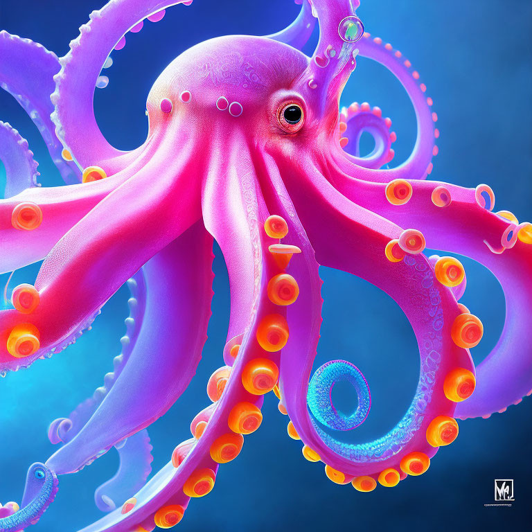 Detailed Pink Octopus Illustration on Blue Background