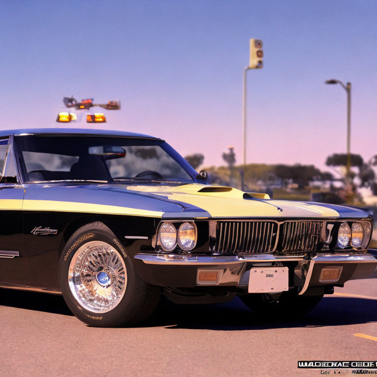 Vintage Black and Yellow Ford Mustang on Road with Traffic Lights