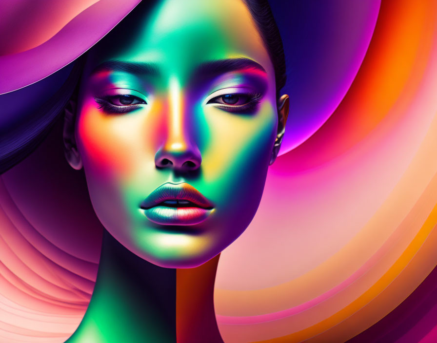 Colorful digital portrait of woman with stylish hat and vibrant lighting on face against swirling background