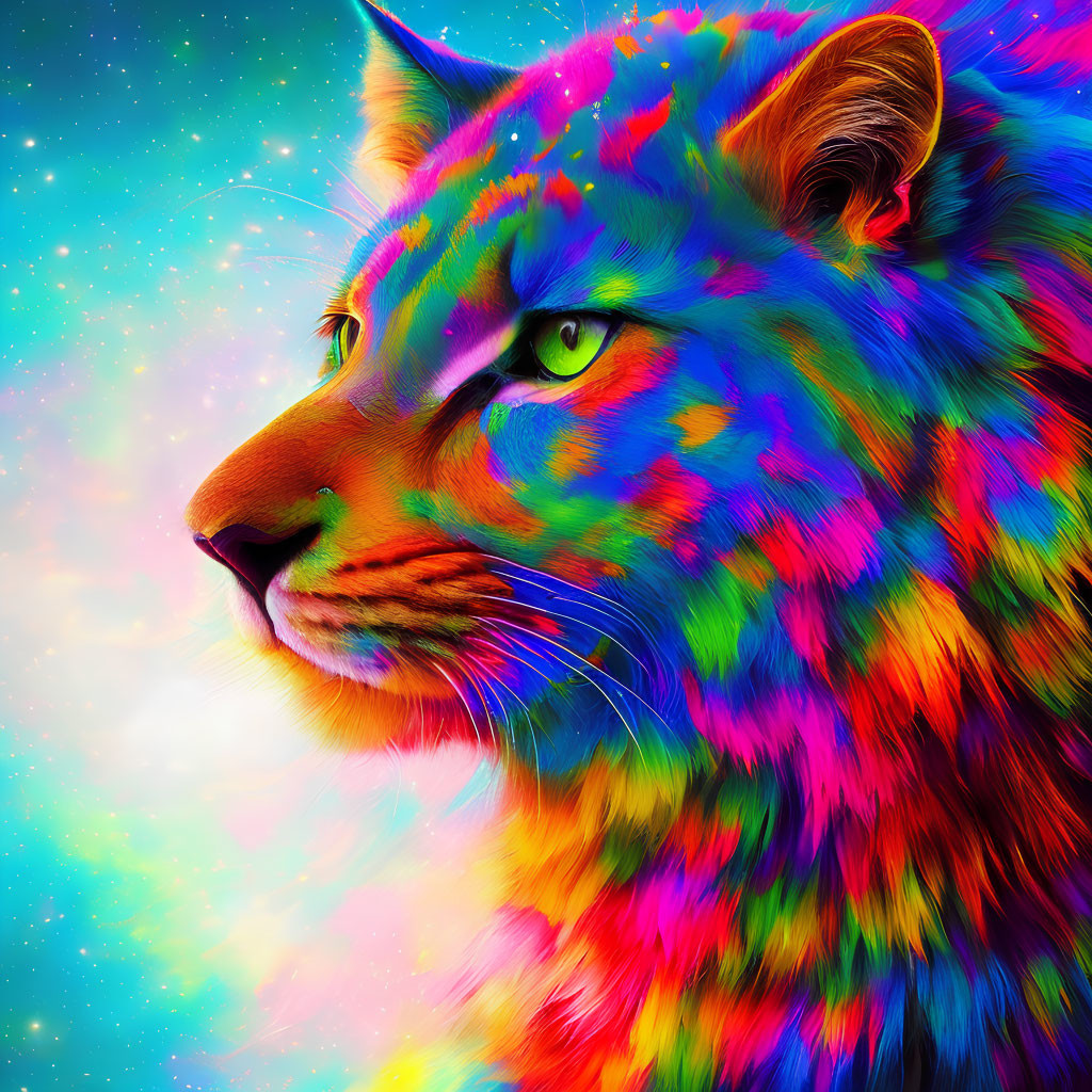 Multicolored neon cat art against cosmic starry background