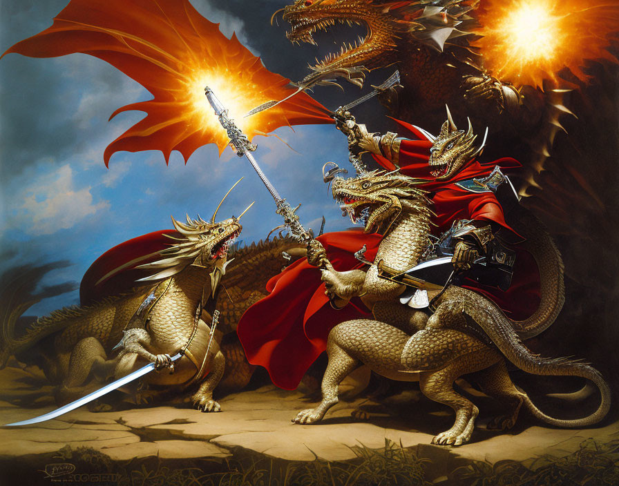 Armored dragons with swords and staff breathing fire in fantasy art