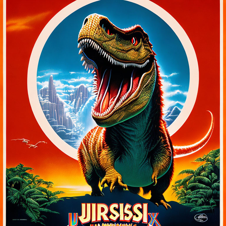 Colorful Tyrannosaurus Rex Poster with "Jurassic" Text, Circular White Border, Mountains